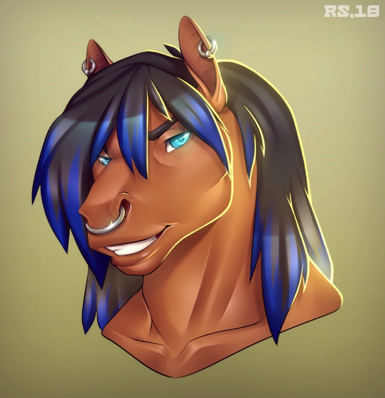 anthro biped black_eyebrows black_hair blue_eyes blue_hair brown_body brown_ears brown_fur ear_piercing eyebrows facial_piercing fur hair long_hair looking_at_viewer male multicolored_hair nose_piercing nose_ring piercing ring_piercing simple_background smile solo tan_background teeth two_tone_hair radiant_scar arzel_(character) equid equine horse mammal 2018 headshot_portrait hi_res portrait