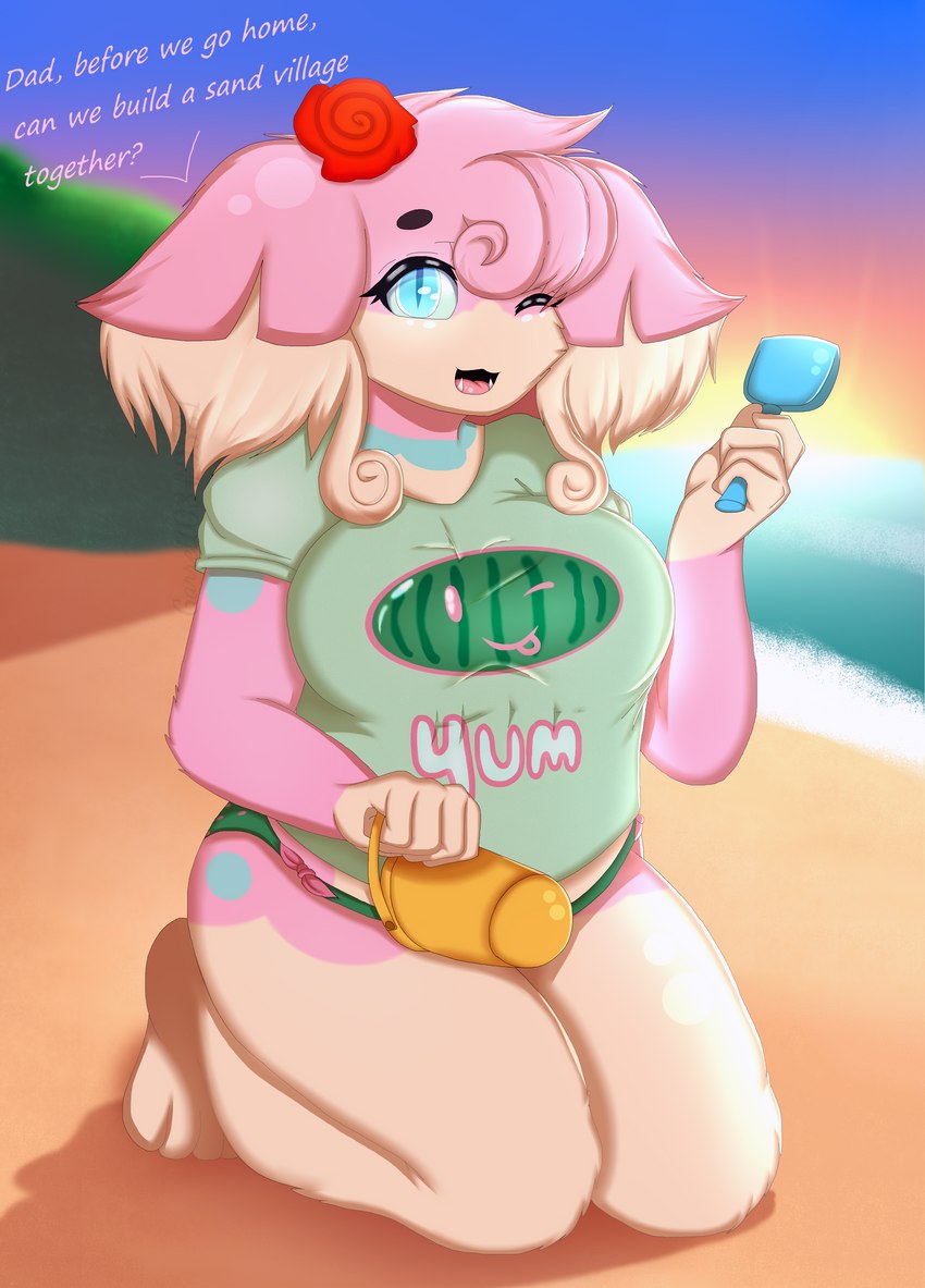 anthro beach big_breasts breasts bucket container female flower plant rose_(flower) seaside shovel slightly_chubby solo sunset tools whatever9903 nintendo pokemon tabby_(damianvertigo) audino generation_5_pokemon pokemon_(species) absurd_res hi_res