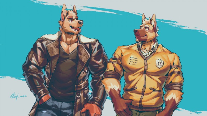 anthro big_muscles black_nose clothed clothing duo fur male muscular canyne_khai canyne_khai_(character) kawe canid canine canis domestic_dog german_shepherd herding_dog mammal pastoral_dog wolf 16:9 2018 digital_media_(artwork) hi_res widescreen