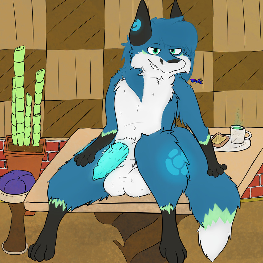 animal_genitalia animal_penis balls big_balls big_penis blue_body blue_fur bodily_fluids bread breakfast canine_genitalia canine_penis feral food fur fur_markings furniture genitals glowing glowing_genitalia glowing_penis hot_drink huge_balls knot_in_sheath looking_at_viewer male markings musky_balls paws penis plant plant_pot potted_plant sheath sitting smug smug_face solo stool sugar_cane sweat sweaty_balls sweaty_genitalia sweaty_penis tail toast texiefox zatch_(sirfox) canid canine fox mammal true_fox 1:1 absurd_res hi_res