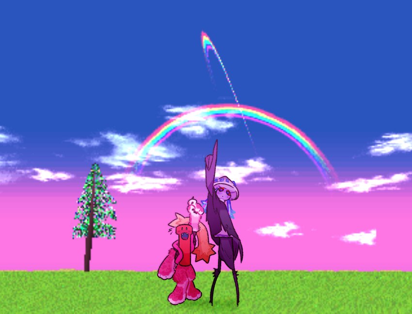 anthro blush blush_lines claws cloud double_rainbow duo evergreen_tree fangs female gesture grass hand_gesture looking_at_viewer looking_up male male/female mantis_arms open_mouth pine_tree plant pointing pointing_up rainbow teeth tree chesterfern lsd:dream_emulator object_shows objectified_(webcomic) dynamite_(objectified) mushroom_(objectified) animate_inanimate arthropod bestial_object faux_object felid insect jaguar mammal mantis pantherine