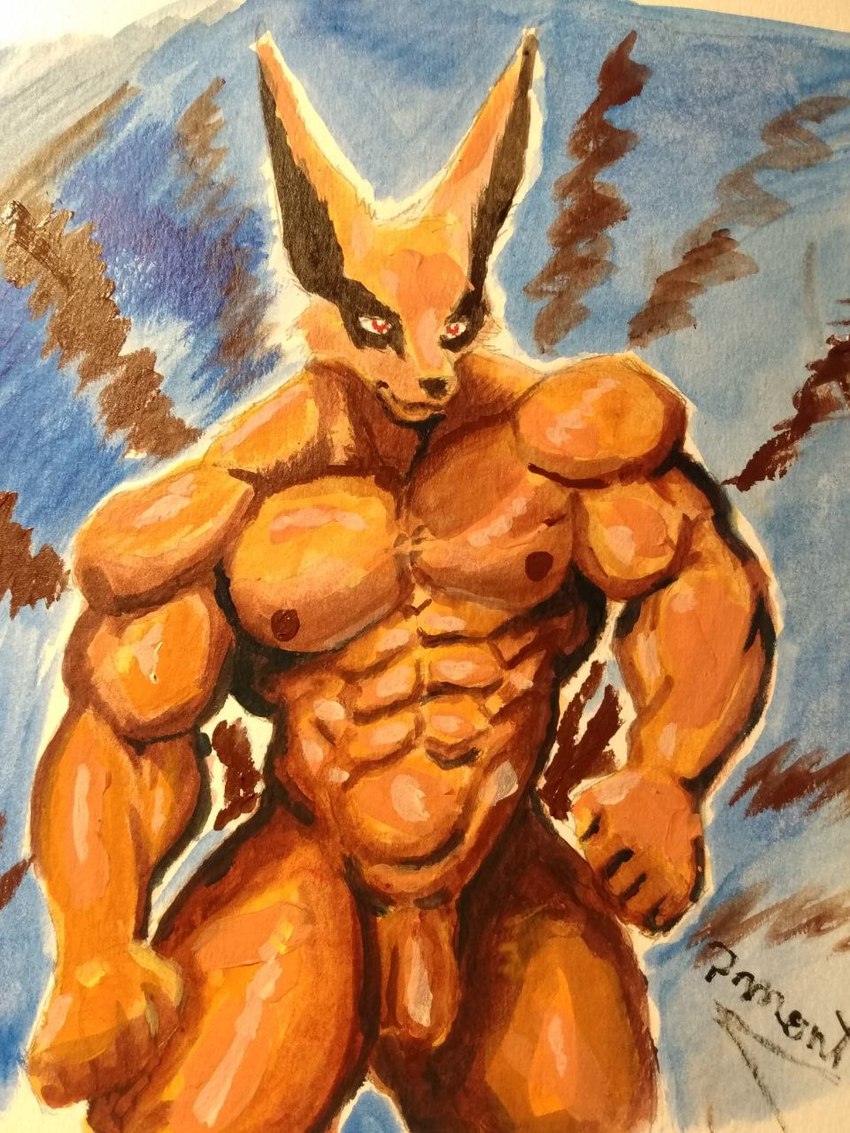 9_tails abs anthro barazoku biceps flaccid fur genitals male multi_tail muscular muscular_anthro muscular_male nipples nude orange_body orange_fur pecs penis red_eyes simple_background solo tail pinumontbalou naruto kurama canid canine canis demon fox mammal 3:4 acrylic_painting_(artwork) hi_res