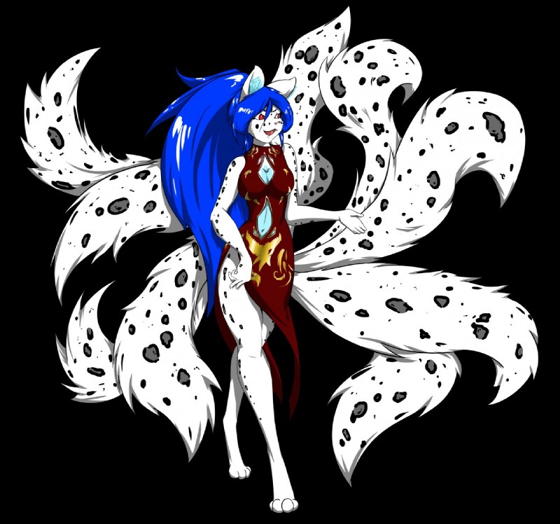 4_toes 5_fingers 9_tails anthro barefoot biped black_background breasts clothed clothing digitigrade eyebrows feet female fingers front_view fur hair humanoid_hands long_hair markings multi_tail navel open_mouth simple_background solo spots spotted_body spotted_fur standing tail toes white_body white_fur kynum kaliancia felid mammal pantherine snow_leopard