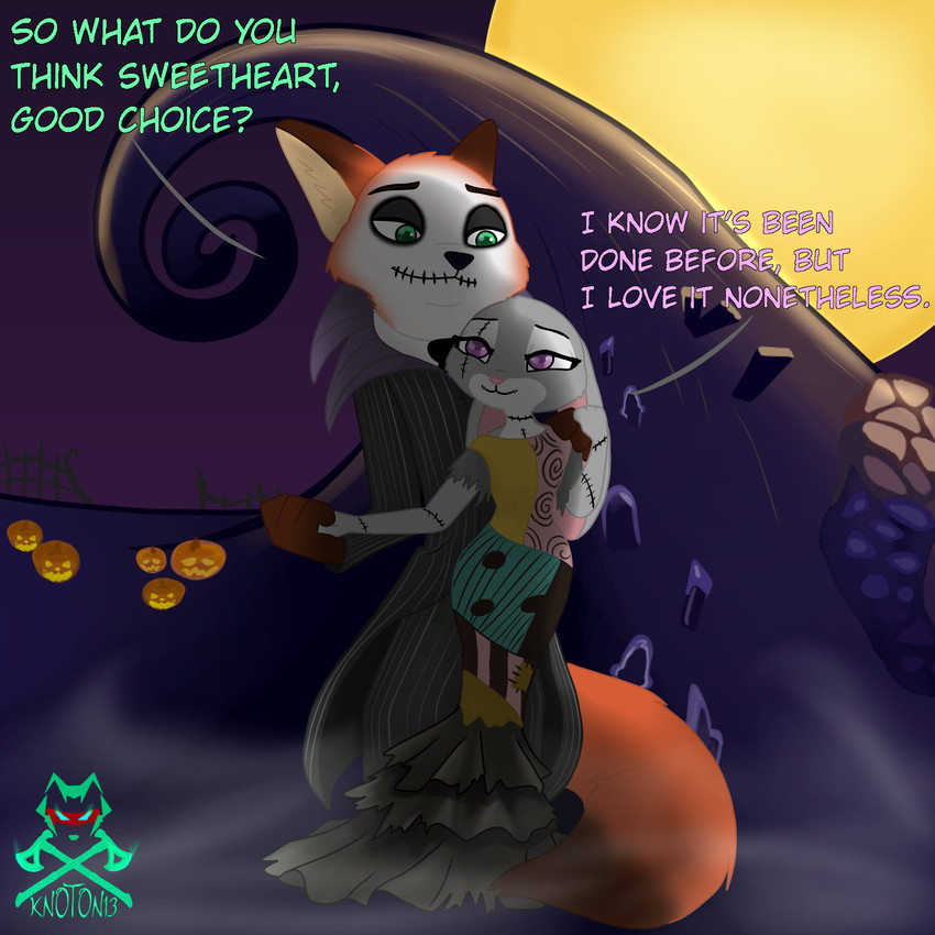 anthro clothed clothing color_coded color_coded_text cosplay costume crossover_cosplay dialogue duo female fully_clothed fur grey_body grey_fur halloween_costume hand_holding holidays light male orange_body orange_fur standing text knoton13 disney halloween the_nightmare_before_christmas zootopia judy_hopps nick_wilde canid canine fox lagomorph leporid mammal rabbit red_fox true_fox 1:1 2019 crossover english_text hi_res lighting