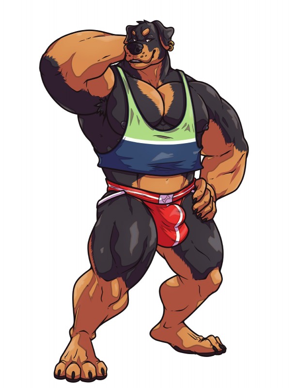 4_toes 5_fingers anthro armpit_hair biceps big_muscles black_body black_claws black_fur black_nipples black_nose body_hair brown_body brown_eyes brown_fur bulge claws clothing crop_top ear_piercing ear_ring feet fingers fur grin hand_behind_head huge_muscles jockstrap looking_at_viewer male multicolored_body multicolored_fur muscular muscular_anthro muscular_male nipples pecs piercing plantigrade quads ring_piercing shirt smile solo standing tank_top toes topwear triceps two_tone_body two_tone_fur underwear almasy canid canine canis domestic_dog mammal mastiff molosser rottweiler 2020 absurd_res hi_res