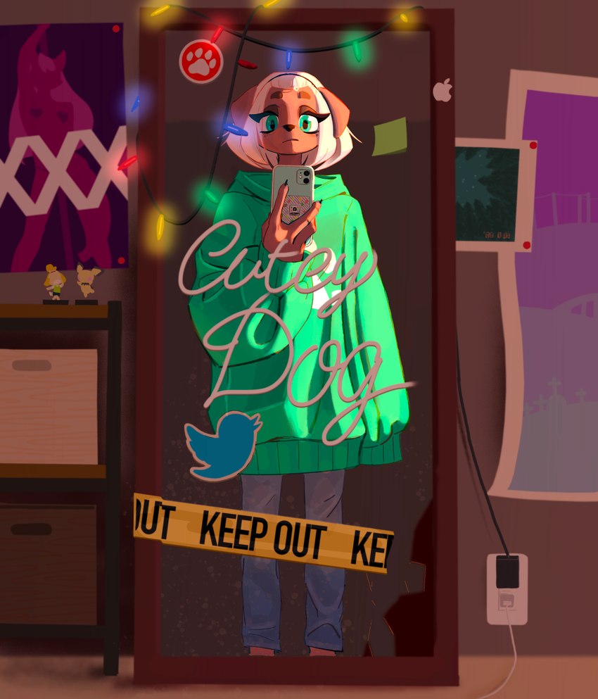 anthro character_miniature clothed clothing electronics female fully_clothed green_eyes miniature_model mirror mirror_selfie oversized_clothing phone selfie solo standing sweater text topwear kemari amiibo lime_(kemari) canid canine canis domestic_dog mammal absurd_res english_text hi_res