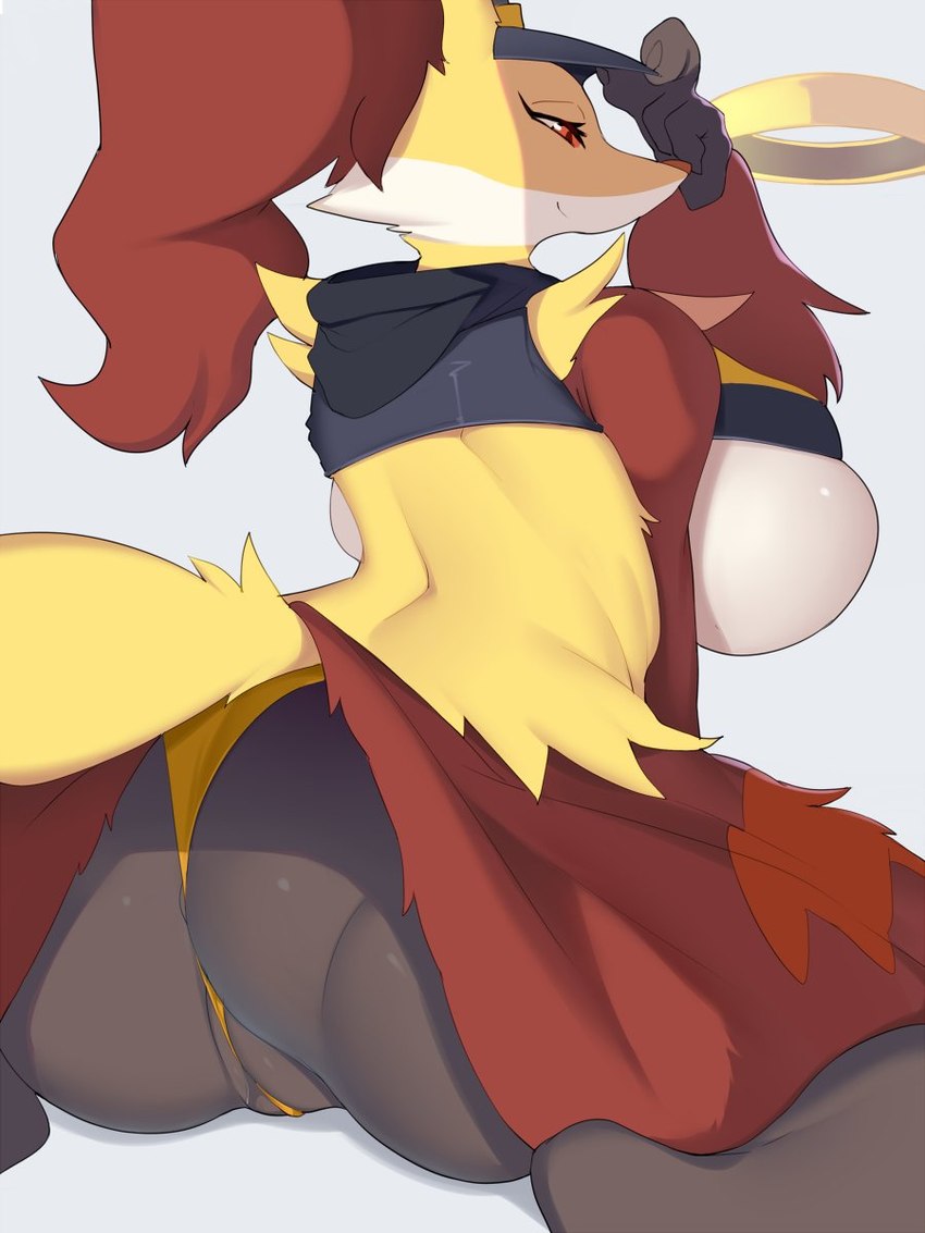 anthro big_breasts big_butt bodily_fluids breasts butt clothed clothing female female_anthro genital_fluids genitals holowear_(pokemon) huge_breasts humanoid_genitalia humanoid_pussy pussy solo upskirt vaginal_fluids faeki nintendo pokemon pokemon_unite orange_unite_style_delphox delphox generation_6_pokemon pokemon_(species) 2022 3:4 hi_res