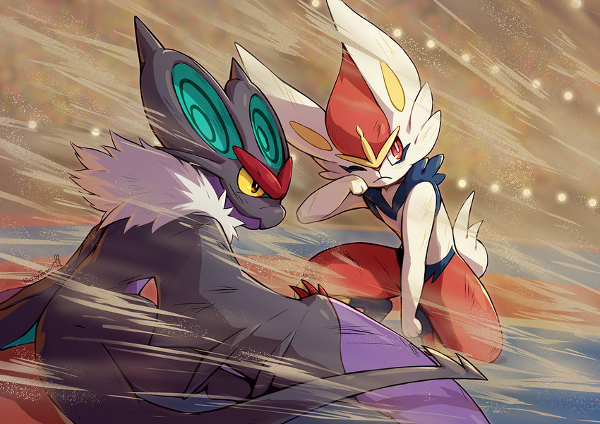 ambiguous_gender anthro battle big_ears duo fur kneeling membrane_(anatomy) membranous_wings one_eye_closed orange_eyes sand sandstorm stadium tag_team tuft white_body white_fur wings yellow_eyes yellow_sclera niki2ki884 nintendo pokemon bat cinderace generation_6_pokemon generation_8_pokemon lagomorph mammal noivern pokemon_(species) 2020