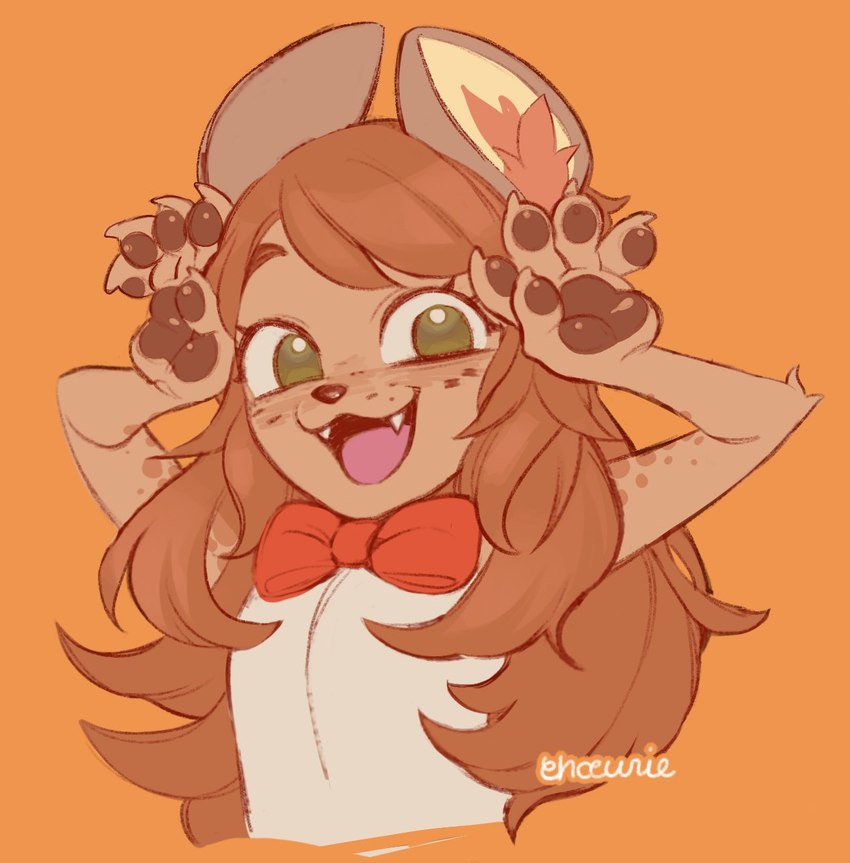 anthro black_nose blush bow_tie brown_body brown_fur brown_hair clothing female fingerpads fur green_eyes hair looking_at_viewer orange_background pawpads shirt simple_background smile solo topwear white_clothing white_shirt white_topwear young young_female indigo_cho canid canine canis domestic_dog mammal 2019 digital_media_(artwork) half-length_portrait hi_res portrait