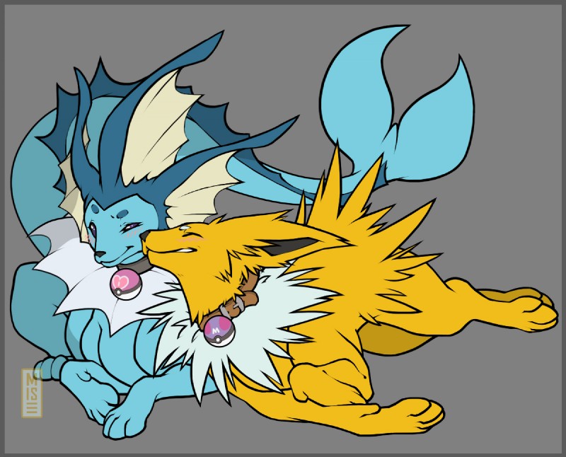 ambiguous_gender blue_body blue_eyes blue_skin blush border collar duo eyes_closed feral fin fur grey_border grin happy love_ball lying master_ball nuzzling on_side pokeball pokeball_collar simple_background smile tail yellow_body yellow_fur misericorde nintendo pokemon canid canine eeveelution generation_1_pokemon jolteon mammal pokemon_(species) vaporeon