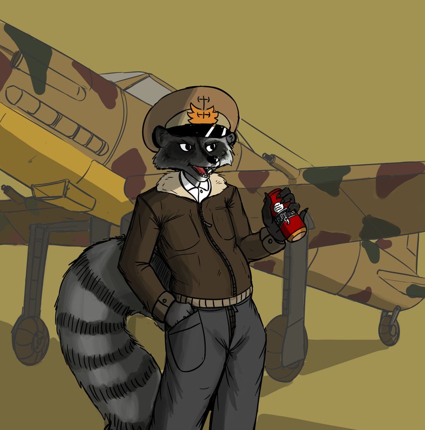 aircraft alcohol anthro beer beverage clothing italy jacket male solo topwear vehicle black_kek mammal procyonid raccoon hi_res