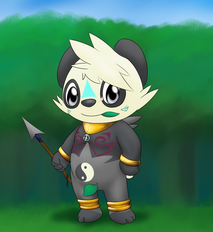 ambiguous_gender anthro barefoot biped black_body black_fur black_nose feet fig_leaf fur grey_eyes hair leaf leaf_censor leaf_clothing markings melee_weapon polearm slightly_chubby solo spear standing tribal weapon white_body white_fur white_hair charmandrigo nintendo pokemon chad_the_pancham bear generation_6_pokemon mammal pancham pokemon_(species) absurd_res censored hi_res