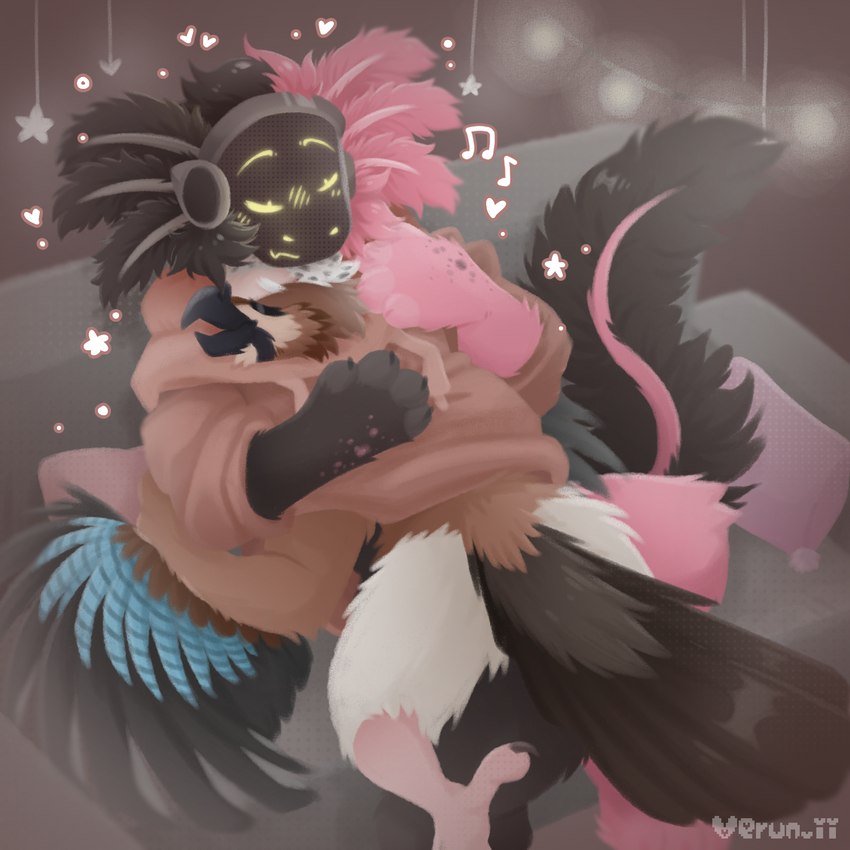 anthro bottomless clothed clothing comforting cuddling duo female happy heart_symbol hoodie hoodie_only machine male spread_wings topwear topwear_only using_wings wing_hug wings verun_ii amber_(ambersand) jacob_(theansweringanimal) amphibian avian axolotl bird corvid eurasian_jay hybrid jay_(bird) marine mole_salamander old_world_jay oscine passerine protogen salamander 1:1 hi_res