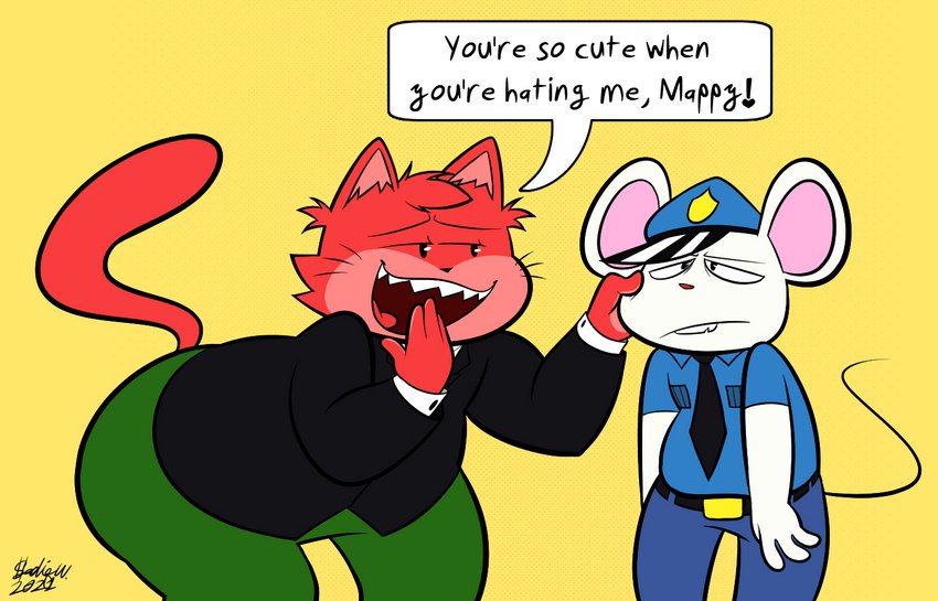 :d annoyed anthro belt bent_over big_ears big_tooth black_eyebrows black_eyes black_nose black_tail black_tie_(suit) bottomwear buckteeth chipped_tooth clothed clothing dialogue duo exclamation_point eyebrows fron fur glistening glistening_eyes half-closed_eyes happy heart_symbol hunched_over long_tail looking_aside male multicolored_body multicolored_ears multicolored_fur narrowed_eyes necktie open_mouth overweight overweight_anthro overweight_male pants pinching_cheeks pink_body pink_ears pink_fur pink_tongue police police_hat police_uniform raised_arm red_body red_ears red_fur red_nose red_tail round_ears sharp_teeth shirt simple_background slightly_chubby slightly_chubby_anthro slightly_chubby_male smile smug smug_expression smug_eyes smug_face smug_grin speech_bubble standing stare suit tail teeth text thick_thighs thin_eyebrows thin_tail tongue toony topwear uniform whiskers white_body white_ears white_fur wide_hips yellow_background xtremersadiq bandai_namco mappy shiftylook goro_(mappy) mappy_(character) domestic_cat felid feline felis mammal mouse murid murine rodent 2021 english_text