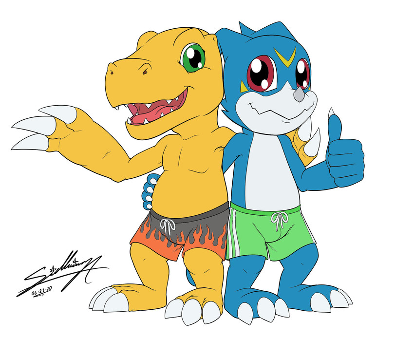 bottomwear clothing duo male male/male shorts swimming swimming_trunks swimwear kitsune2000 sagadreams bandai_namco digimon agumon digimon_(species) veemon hi_res