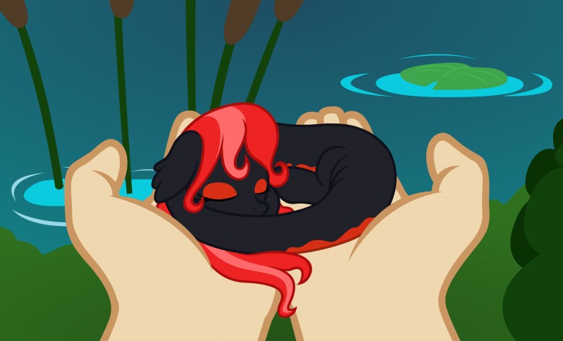 disembodied_hand duo eyes_closed female first_person_view human_pov pond pov_hands reeds sleeping badumsquish hasbro my_little_pony fan_character mave_(oc) alp-luachra amphibian equid equine horse human hybrid mammal newt pony salamander 2014 absurd_res hi_res