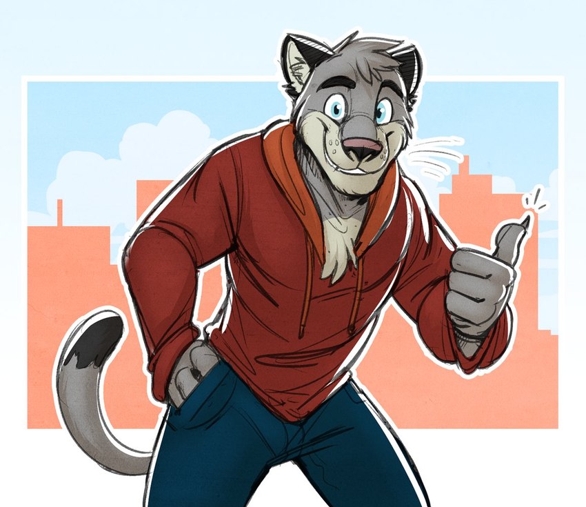 anthro blue_eyes bottomwear clothing fur grey_body grey_fur hoodie humanoid_hands male pants solo topwear temiree brok_the_investigator cowcat_games graff_filsh domestic_cat felid feline felis mammal 2023