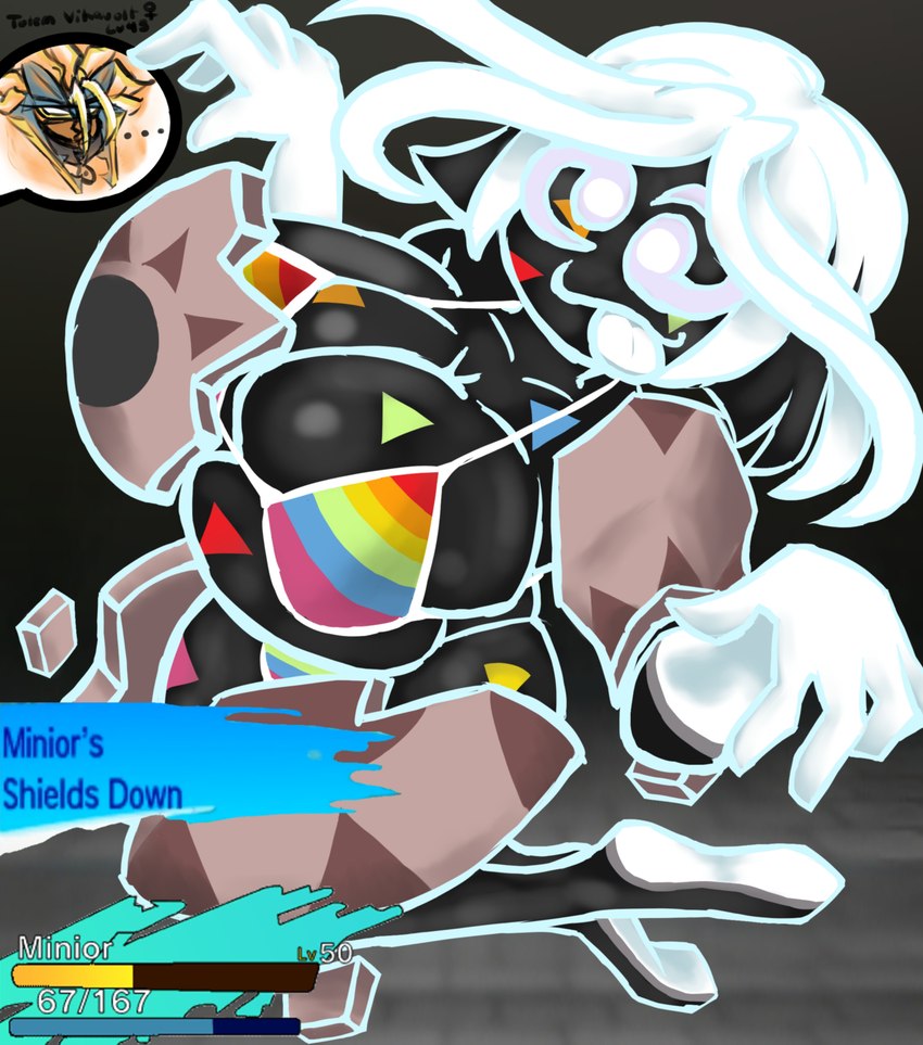 5_fingers ability_(pokemon) armor big_breasts black_body breasts bursting_out_of_armor bursting_out_of_clothing clothed clothing female fingers gameplay_mechanics hair reaction_shot rock silly_face solo spiral_eyes tongue underwear white_eyes white_hair deaddrawx nintendo pokemon elemental_creature generation_7_pokemon humanoid mineral_fauna minior minior_(core_form) pokemon_(species) rock_creature shiny_pokemon vikavolt absurd_res hi_res