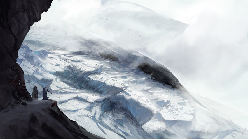 anthro avalanche carving clothed clothing cloud crook day detailed_background fog glacier ice landscape male mountain outside sky snow solo staff standing valley walking_stick themefinland mythology phyn ambient_bird dragon mythological_creature mythological_scalie scalie wingless_dragon 16:9 2020 digital_media_(artwork) hi_res widescreen