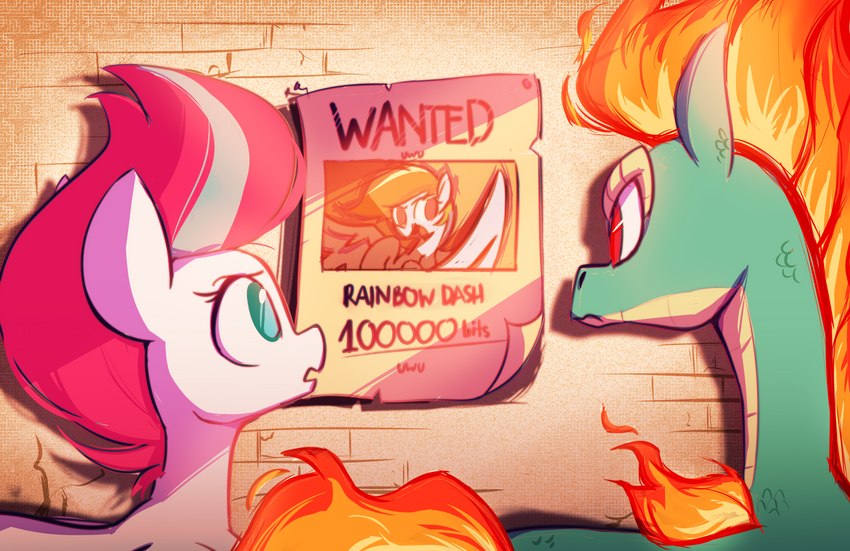 female feral fire flaming_hair green_body green_scales pseudo_hair scales wanted_poster wings scribble-potato friendship_is_magic hasbro mlp_g5 my_little_pony mythology them's_fightin'_herds rainbow_dash_(mlp) tianhuo_(tfh) zipp_storm_(mlp) dragon equid equine mammal mythological_creature mythological_equine mythological_scalie pegasus scalie hi_res