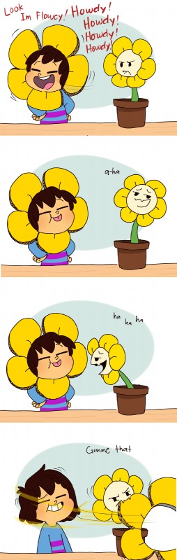 agitated ambiguous_gender annoyed duo flower humor male parody plant text mudkipful undertale undertale_(series) flowey_the_flower frisk_(undertale) elemental_creature flora_fauna human mammal absurd_res comic english_text hi_res