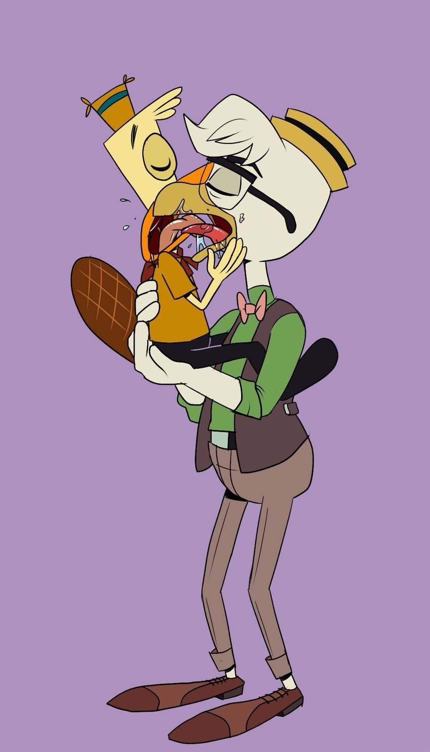 adult_on_young age_difference anthro bodily_fluids clothed clothing duo eyewear french_kissing glasses hat headgear headwear held_up kissing male male/male open_mouth saliva saliva_on_tongue tongue tongue_out young igotdragons camp_lazlo cartoon_network disney ducktales ducktales_(2017) edward_(camp_lazlo) edward_platypus gyro_gearloose avian bird chicken galliform gallus_(genus) mammal monotreme phasianid platypus hi_res