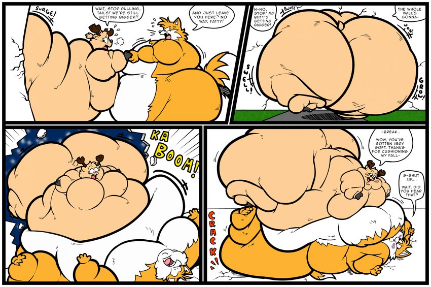 anthro antlers big_butt border butt destruction destruction_of_property dialogue duo fat_folds growth hole_in_wall horn male male/male nude obese obese_anthro overweight overweight_anthro overweight_male speech_bubble text white_border floofyboyetime one_piece sega sonic_the_hedgehog_(series) miles_prower tony_tony_chopper canid canine deer fox mammal new_world_deer reindeer comic english_text hi_res