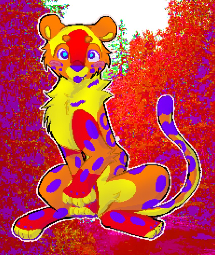 abstract_background ambiguous_gender blush blush_lines blush_stickers bright_colors cute_fangs fangs feral open_mouth pawpads paws pixelated sitting smile solo teeth tongue tongue_out jackrabbit_(artist) cori_(jackrabbit) amur_leopard felid leopard mammal pantherine 2024 absurd_res digital_media_(artwork) hi_res ibispaint_(artwork) photo_manipulation photography_(artwork) shaded trans_(lore) trans_man_(lore)