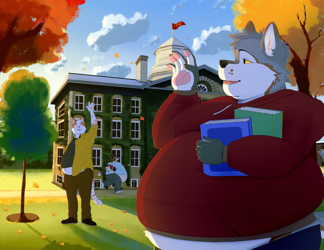 anthro autumn belly book clothing cloud fur grass greeting grey_body grey_fur group hoodie male outside overweight overweight_anthro overweight_male pawpads pink_pawpads plant red_clothing red_hoodie red_topwear school sky sprinting standing tail topwear tree trio university white_body white_fur yellow_sclera okaeri canid canine canis felid feline mammal wolf absurd_res hi_res