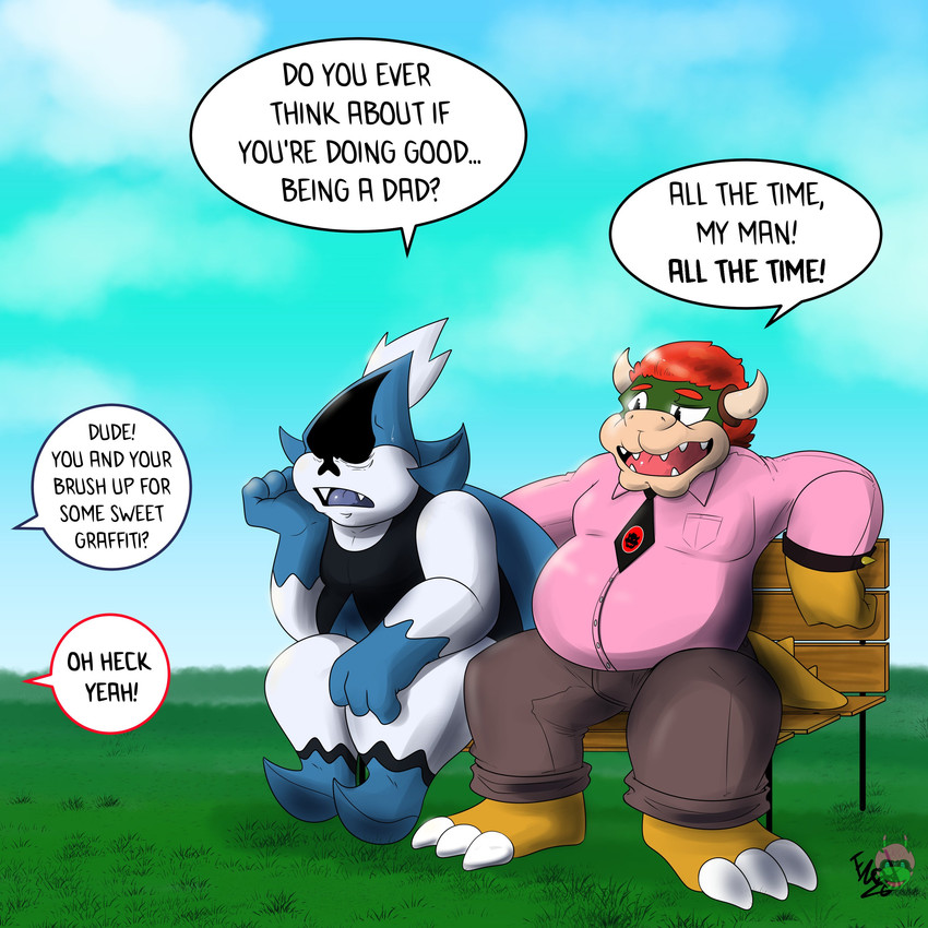 anthro bench bottomwear casual_clothing claws clothed clothing dialogue dress_shirt duo eyebrows fully_clothed grass male necktie open_mouth outside pants plant shell-less shirt sitting speech_bubble teeth text thick_eyebrows topwear ezdbud deltarune mario_bros nintendo undertale_(series) bowser king_spade darkner humanoid koopa mammal reptile scalie 1:1 absurd_res english_text hi_res