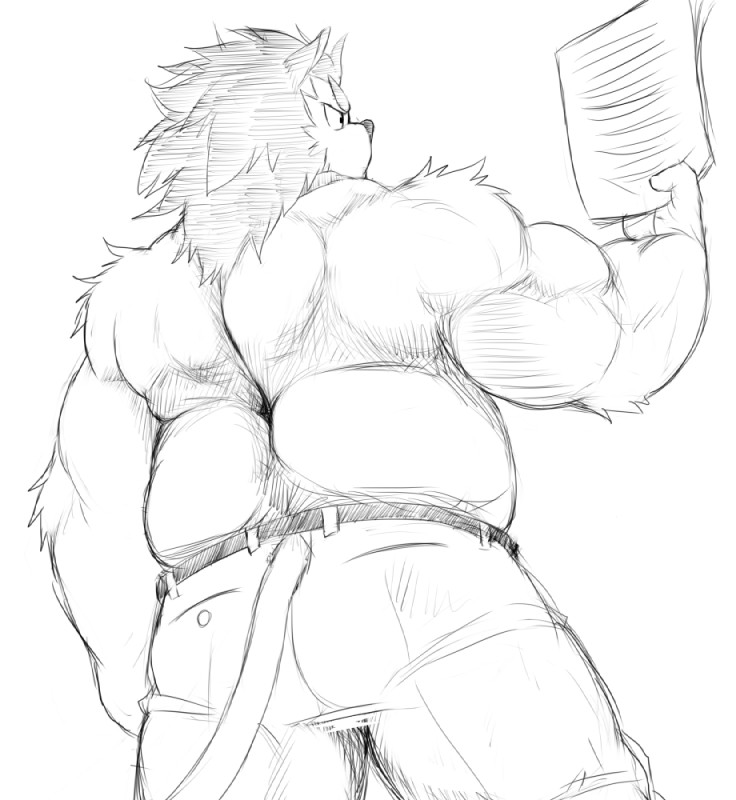 anthro bottomwear clothed clothing male muscular muscular_anthro muscular_male pants reading simple_background solo topless white_background mti777 felid lion mammal pantherine monochrome