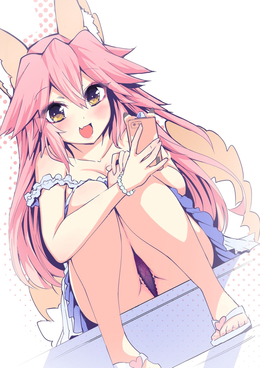 blush breasts camel_toe clothing electronics female footwear hair holding_object holding_phone jewelry looking_at_viewer panties phone pink_hair sandals shoes simple_background sitting smile solo underwear white_background wisespeak fate_(series) type-moon caster_tamamo-no-mae animal_humanoid canid canid_humanoid canine canine_humanoid fox_humanoid humanoid mammal mammal_humanoid 2018 hi_res