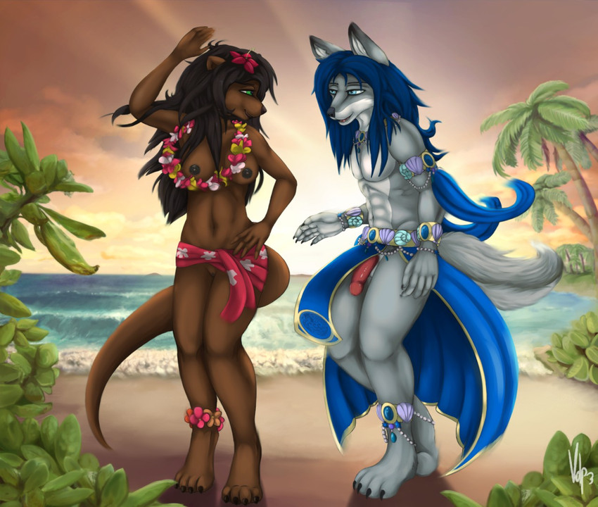 4_toes 5_fingers abs accessory anklet anthro armband athletic athletic_anthro athletic_female athletic_male barefoot beach blue_hair bottomwear breasts brown_body brown_fur brown_hair casual_exposure clothed clothing countershade_face countershade_torso countershading dancing duo evening eye_contact feet female fingers floral flower flower_accessory flower_anklet flower_garland flower_hair_accessory flower_in_hair flower_necklace fur garland genitals grey_body grey_fur hair hair_accessory half-erect ineffective_clothing jewelry loincloth long_hair looking_at_another looking_at_partner male male/female mostly_nude multicolored_body multicolored_fur navel nipples palm_tree penis plant pussy sarong seaside sunset teasing toes tree tropical two_tone_body two_tone_fur water white_body white_fur wristband volp3 masterofwolves99 the_depths lei-lani maku_(masterofwolves99) canid canine canis mammal mustelid otter wolf 2018 digital_media_(artwork)