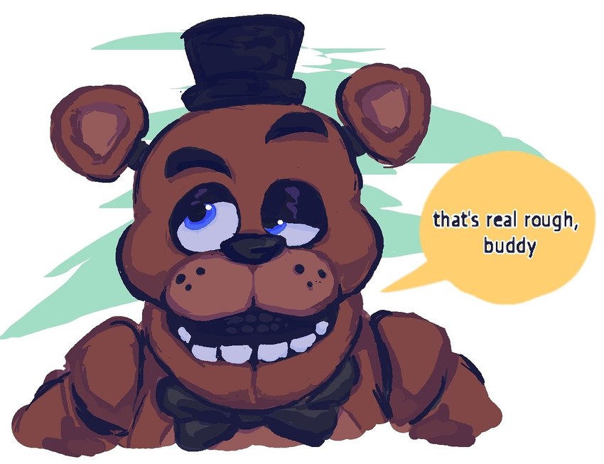 ambiguous_gender anthro black_bow_tie black_clothing black_hat black_headwear blue_eyes bow_tie brown_body clothing dialogue freckles glistening_eyelids hat headgear headwear looking_away machine open_mouth solo speech_bubble talking_to_viewer teeth text skylordlysander five_nights_at_freddy's scottgames freddy_(fnaf) animatronic bear mammal robot ursine digital_media_(artwork) english_text headshot_portrait portrait reaction_image