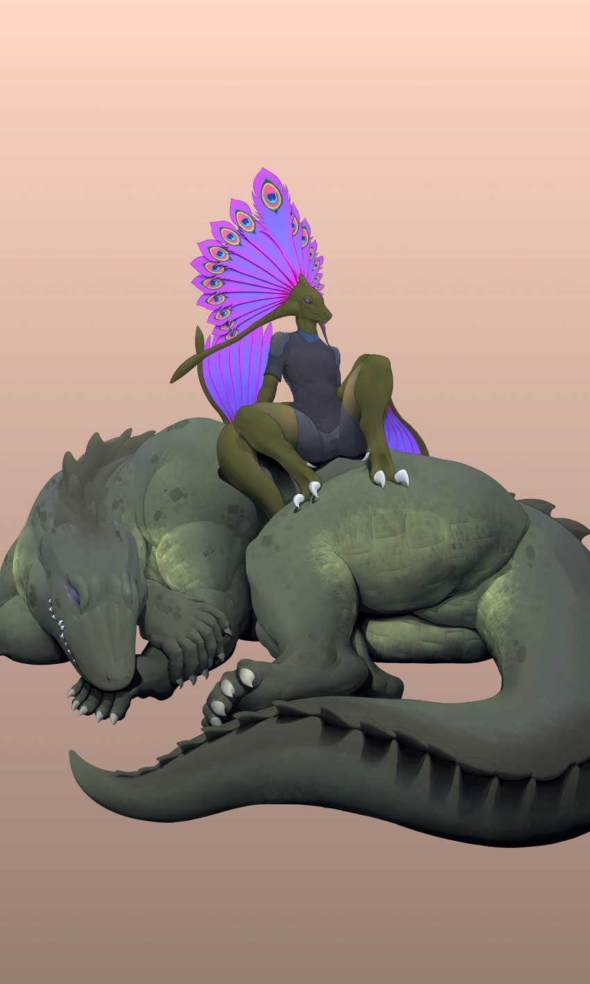 anthro clothed clothing duo feathered_arms feathered_crest feathers female femboy green_body green_scales head_crest looking_at_viewer male peacock_feather pupils purple_body purple_eyes purple_feathers scales size_difference slit_pupils dredjir pinwheel_(snekguy) snekguy alien alligatorid crocodilian krell reptile scalie valbaran 2024 3:5 5:3 absurd_res digital_media_(artwork) hi_res