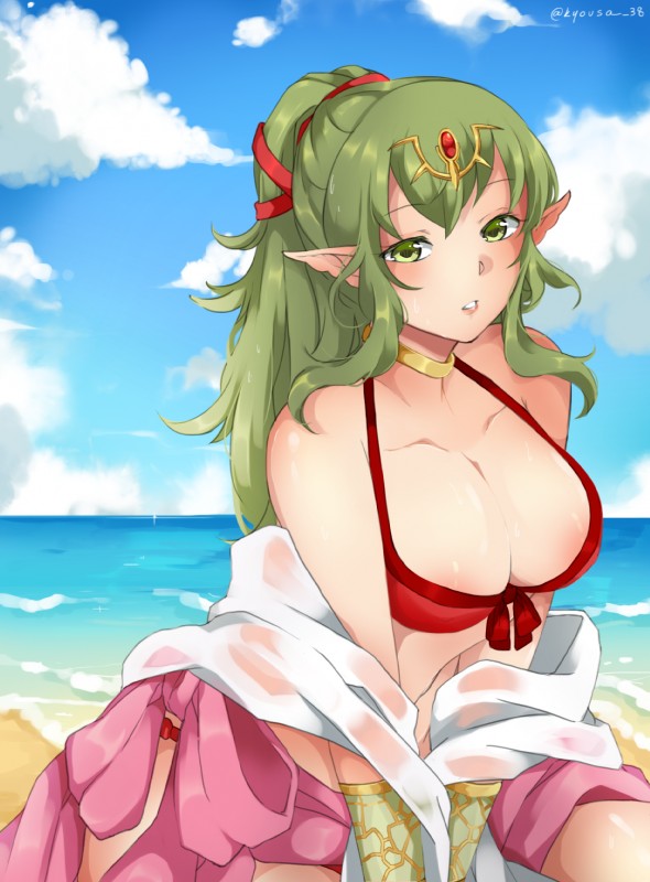 beach big_breasts biped breasts choker clothing cloud collarbone female green_eyes green_hair hair humanoid_pointy_ears jewelry long_hair looking_at_viewer necklace not_furry outside pointy_ears ponytail sand seaside sitting solo water kyousa38 fire_emblem fire_emblem_awakening fire_emblem_heroes nintendo tiki_(fire_emblem) humanoid manakete 2018 hi_res