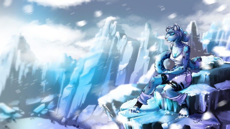 anthro biped blue_eyes breasts cleavage clothed clothing female fur grey_body grey_fur grey_hair hair leg_warmers legwear markings outside shirt sitting snow solo spots spotted_body spotted_fur tank_top topwear kiaun felid mammal pantherine snow_leopard 16:9 2019 digital_drawing_(artwork) digital_media_(artwork) hi_res signature widescreen