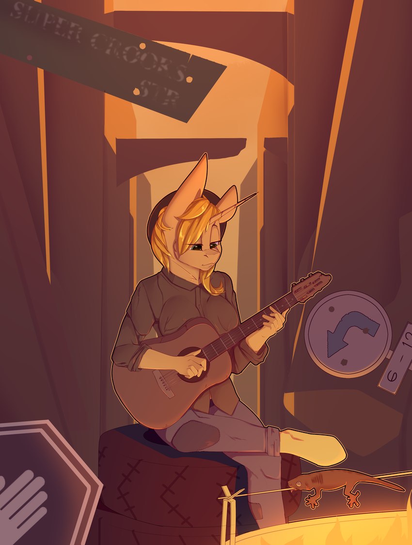 1_horn acoustic_guitar alley anthro biped blonde_hair campfire clothed clothing cooking female fire food fully_clothed fur guitar hair horn musical_instrument outside plucked_string_instrument roasting_spit sign sitting solo street street_sign string_instrument text chapaevv fallout fallout_equestria hasbro microsoft my_little_pony mythology fan_character equid equine horse mammal mythological_creature mythological_equine pony unicorn absurd_res digital_media_(artwork) english_text hi_res portrait three-quarter_portrait warm_colors