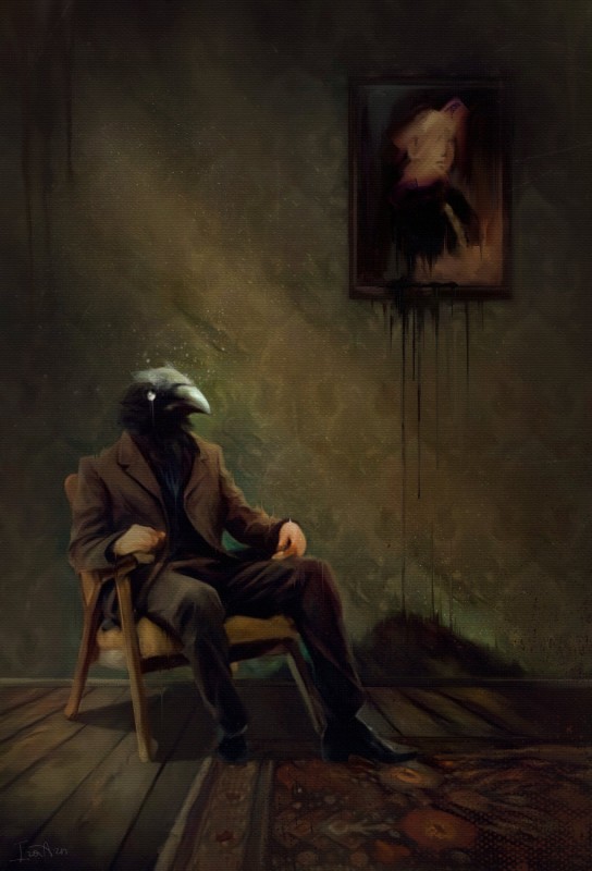 beak chair clothed clothing dripping floor footwear for_a_head furniture inside male painting rug shadow shoes sitting suit surrealism wood wood_floor ira-arn animal_head animal_humanoid avian bird corvid corvus_(genus) crow humanoid oscine passerine absurd_res hi_res