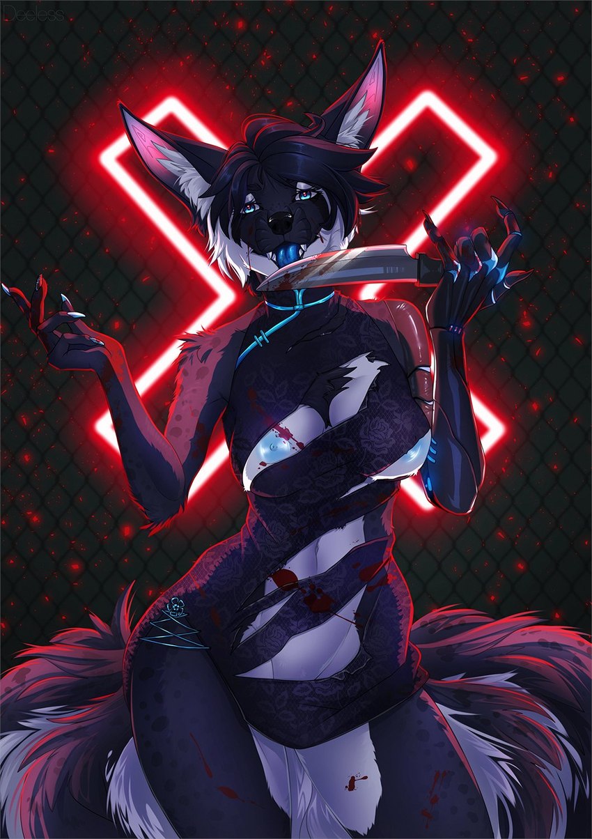 5_fingers anthro areola black_hair blue_eyes breasts clothed clothing eyebrows eyelashes female fingers hair looking_at_viewer nipples open_mouth teeth tongue deeless tsukiko canid canine mammal 2021 digital_media_(artwork) hi_res