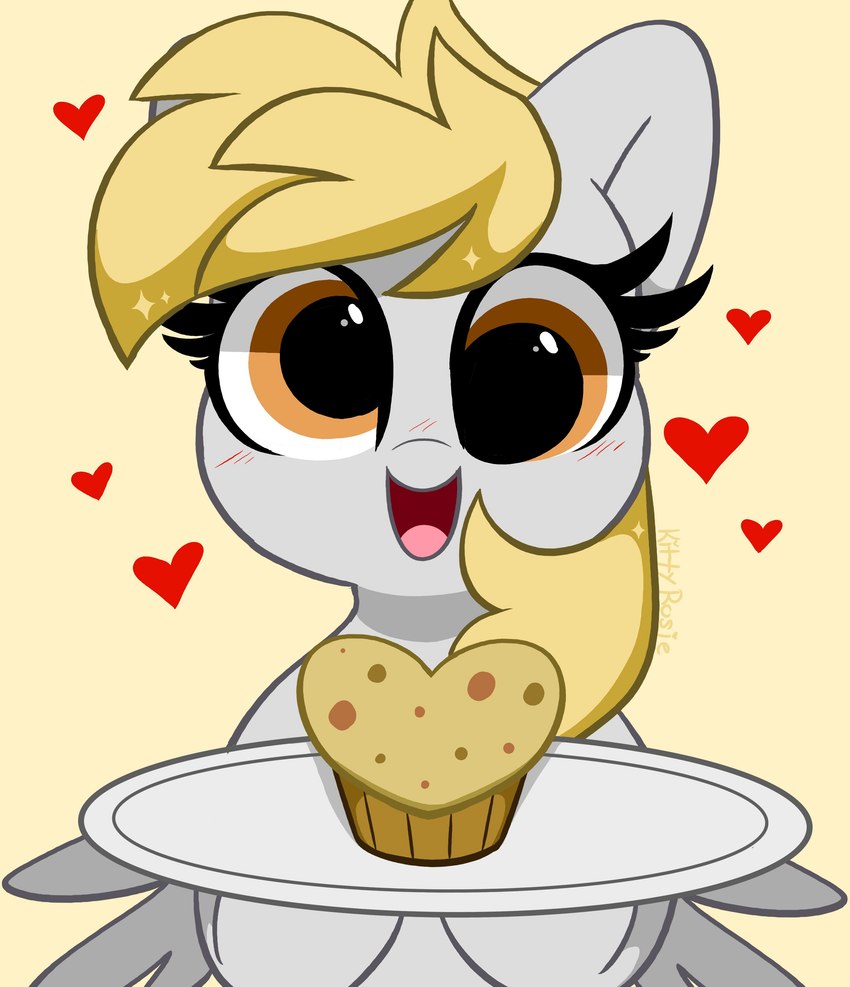 blonde_hair cupcake feathered_wings feathers female feral food grey_body grey_feathers grey_wings hair heart_symbol holding_object open_mouth orange_eyes quadruped simple_background solo tan_background tongue tray wings kittyrosie friendship_is_magic hasbro my_little_pony mythology derpy_hooves_(mlp) equid equine horse mammal mythological_creature mythological_equine pegasus pony 2021 absurd_res hi_res