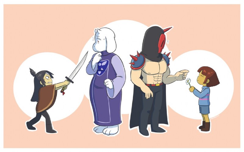 anthro bandage black_hair border cape clothed clothing delta_rune_(emblem) female flower fur group hair male mask melee melee_weapon muscular nipples plant poncho red_eyes simple_background sword symbol teeth topless weapon white_body white_border white_fur sugarkills dingaling_productions lisa_the_joyful lisa_the_painful undertale undertale_(series) buddy_armstrong frisk_(undertale) rando_armstrong toriel boss_monster_(undertale) bovid caprine human mammal crossover