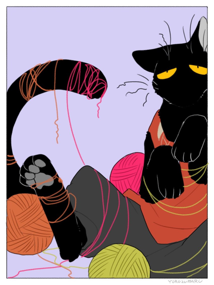 ambiguous_gender ball_of_yarn black_body clothed clothing entangled entangled_in_yarn pawpads paws solo tail whiskers yarn yellow_eyes yorozumaru urushi_(yorozumaru) domestic_cat felid feline felis mammal 2021 hi_res