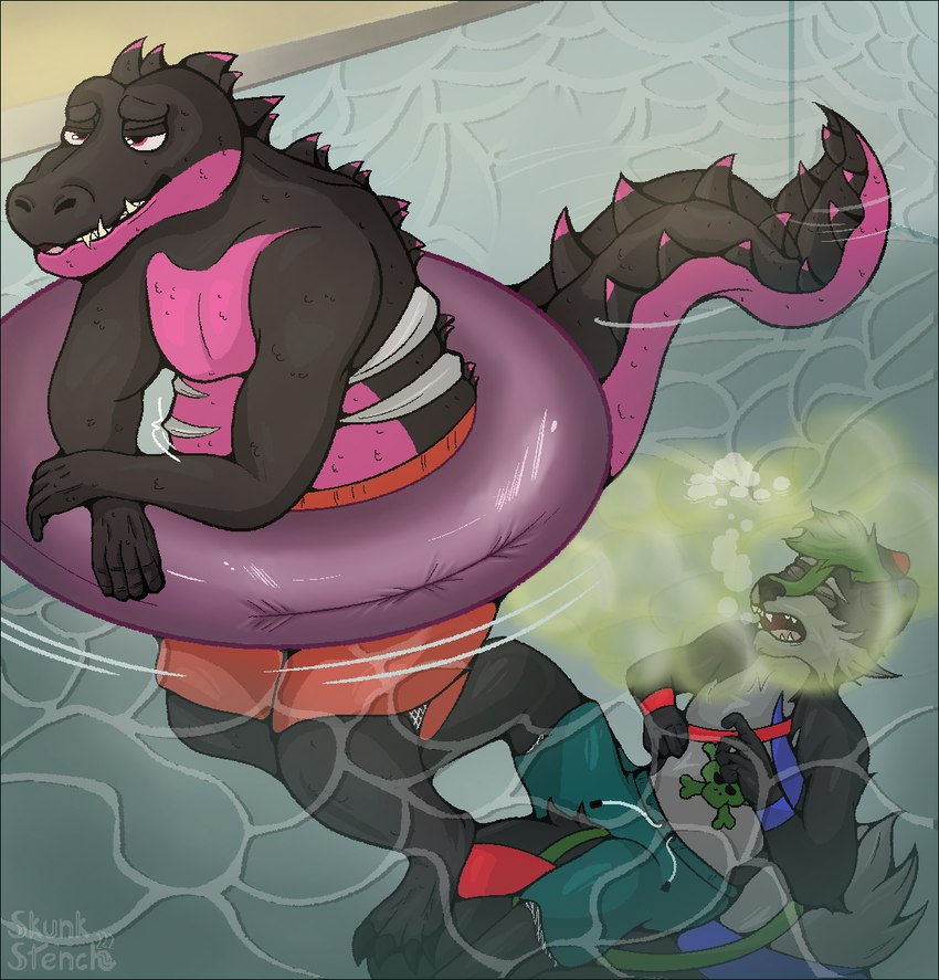 anthro black_border border clothed clothing duo fart fart_cloud fart_fetish farting_on_another farting_on_face farting_underwater gassy male male/male partially_clothed pool smelly swimwear skunkstench akeru skunkor crocodilian mammal mephitid reptile scalie skunk hi_res