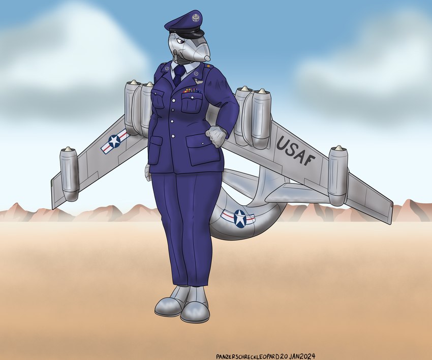 aircraft airplane anthro blue_clothing bomber chrome_body clothing cloud desert desert_background dust female grumpy hand_on_hip hat headgear headwear jet machine military_cap military_ribbons military_uniform necktie peaked_cap purple_eyes solo uniform vehicle panzerschreckleopard b-47_stratojet united_states_air_force natasha_(panzerschreckleopard) aircraft_humanoid living_aircraft living_machine living_vehicle 2024 6:5 absurd_res hi_res