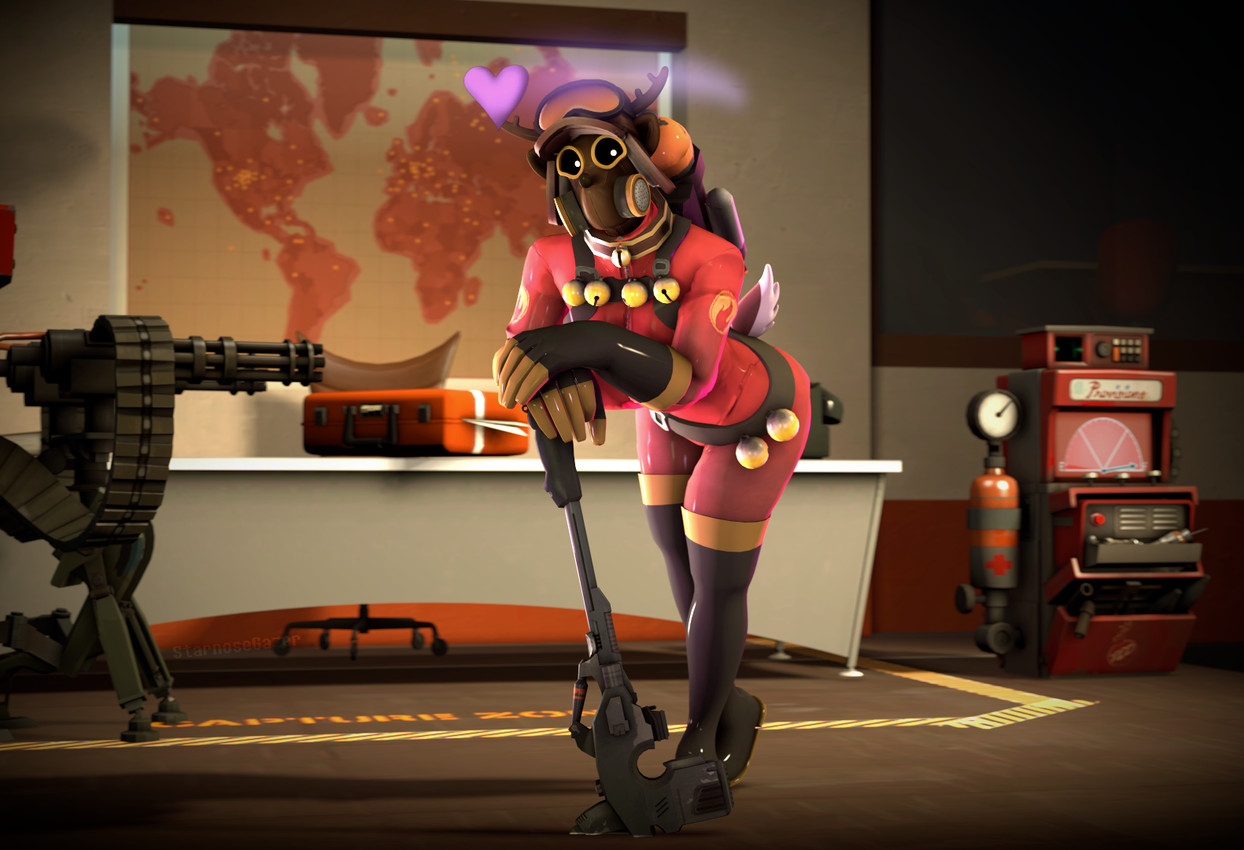 antlers bell bell_collar bell_harness bodysuit boots breasts clothed clothing collar desk dispenser female footwear furniture gas_mask gas_tank gloves handwear harness hat headgear headwear heart_symbol horn intelligence jingle_bell jingle_bell_harness latex looking_at_viewer mask office shoes short_tail skinsuit solo starnosegazer table tail tight_clothing tools wrench team_fortress_2 valve valve_corporation belle_(pansagge) dispenser_(team_fortress_2) pyro_(team_fortress_2) sentry_gun_(team_fortress_2) deer humanoid mammal 3d_(artwork) digital_media_(artwork) source_filmmaker_(artwork)