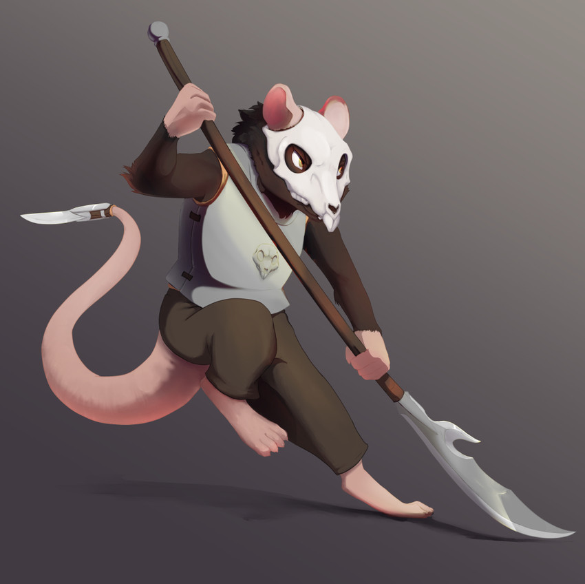 4_toes 5_fingers anthro clothed clothing feet fingers holding_object holding_weapon male solo toes weapon silfoe mammal murid murine rat rodent 2020 digital_media_(artwork)