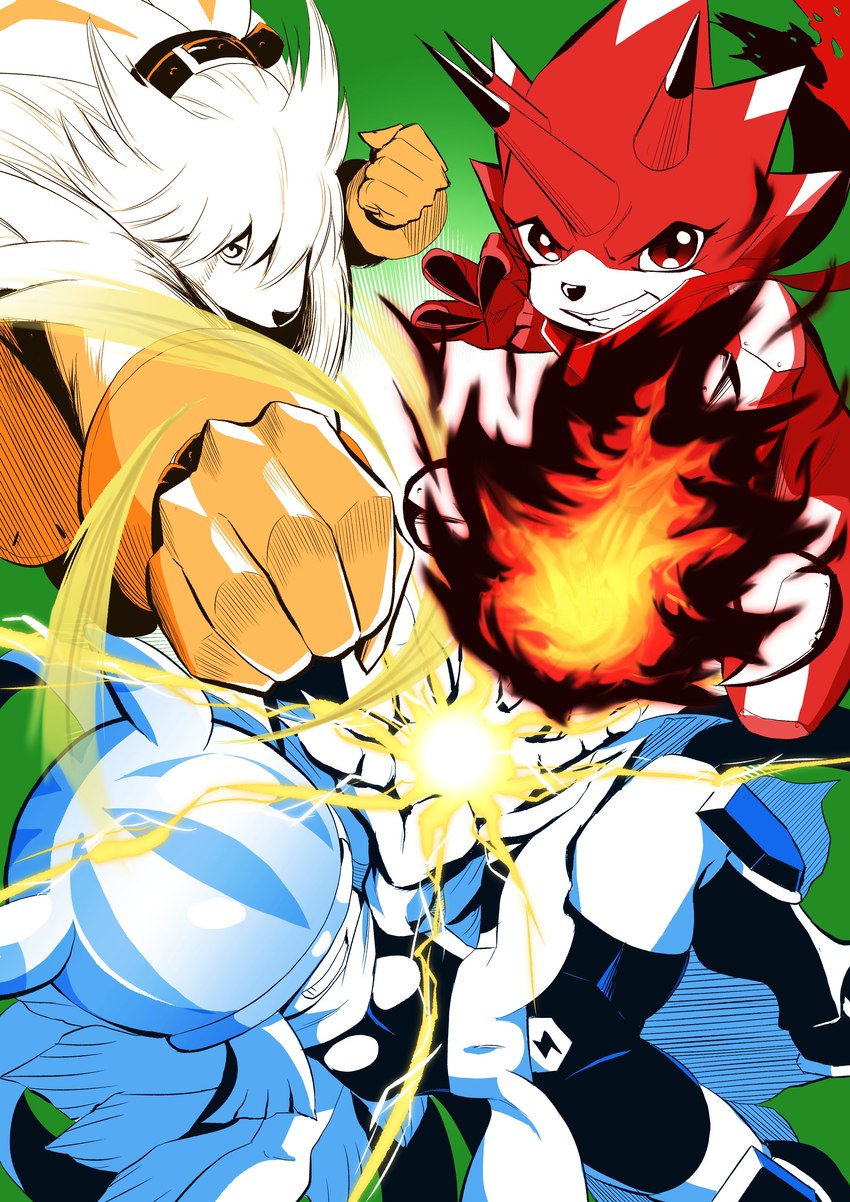 air_manipulation anthro belt electricity elemental_manipulation female fire fire_manipulation group hair male ponytail trio hase_popopo bandai_namco digimon digimon_ghost_game betelgammamon ceratopsian cnidarian digimon_(species) dinosaur humanoid jellyfish lagomorph leporid mammal marine medusozoan ornithischian prehistoric_species rabbit reptile scalie symbareangoramon teslajellymon triceratops absurd_res hi_res