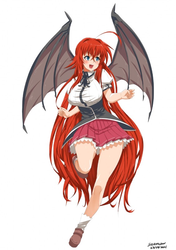 big_breasts blush bottomwear breasts clothing female membrane_(anatomy) membranous_wings open_mouth skirt solo wings stormcow high_school_dxd rias_gremory demon humanoid hi_res