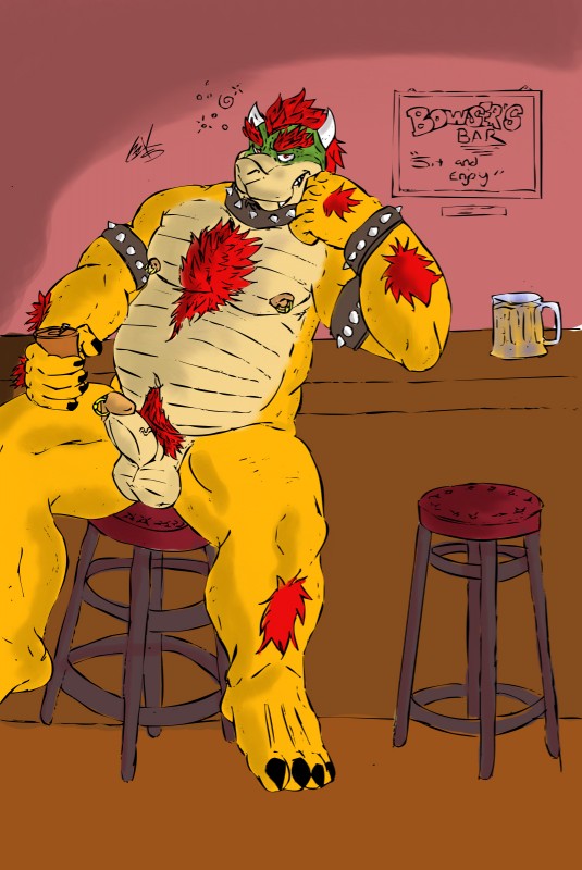 alcohol anthro bar beer belly beverage big_belly erection furniture genital_piercing genitals humanoid_genitalia humanoid_penis looking_at_viewer male musclegut muscular muscular_anthro muscular_male nipple_piercing nipples overweight overweight_anthro overweight_male penis penis_piercing piercing prince_albert_piercing pubes slightly_chubby solo stool thick_penis tuft vanshart mario_bros nintendo bowser koopa scalie hi_res